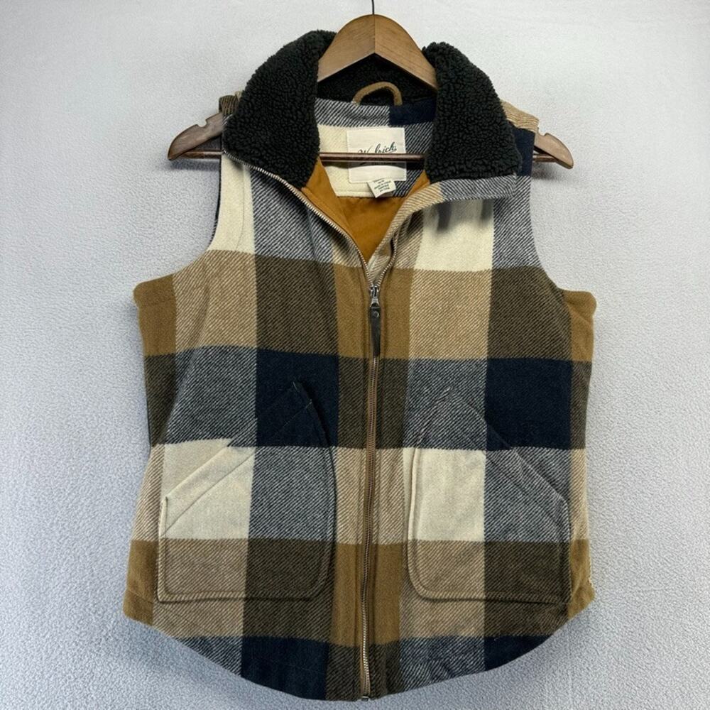Woolrich Vest Women's Medium Brown Black Buffalo Plaid Check Fleece Collar Wool